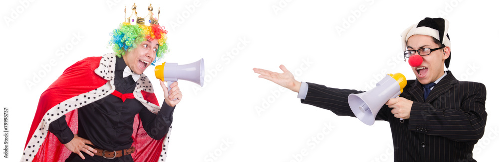Businessman clown with loudspeaker on white Businessman clown with loudspeaker on white