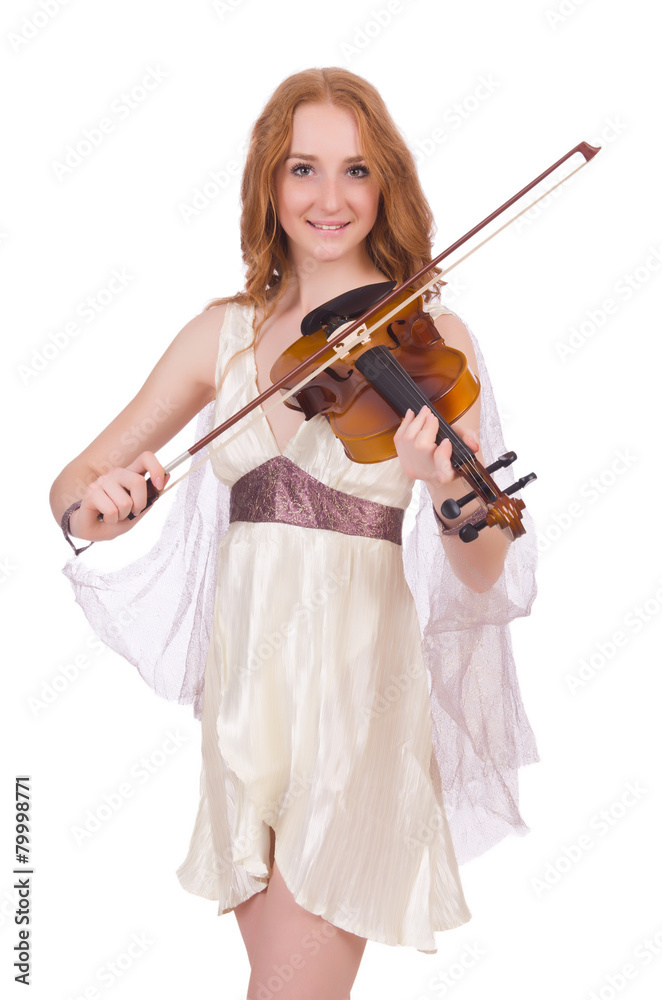 Ancient goddess with violin isolated on white