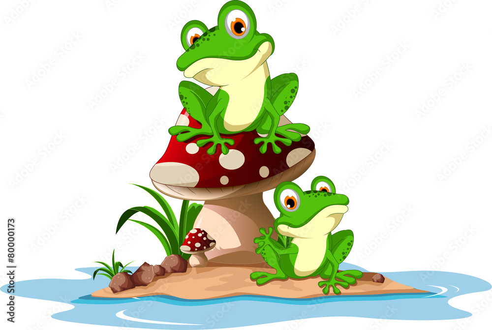 Fototapeta premium Funny frog sitting on mushroom