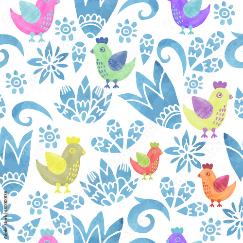 watercolor sketch seamless pattern with flower and chicken