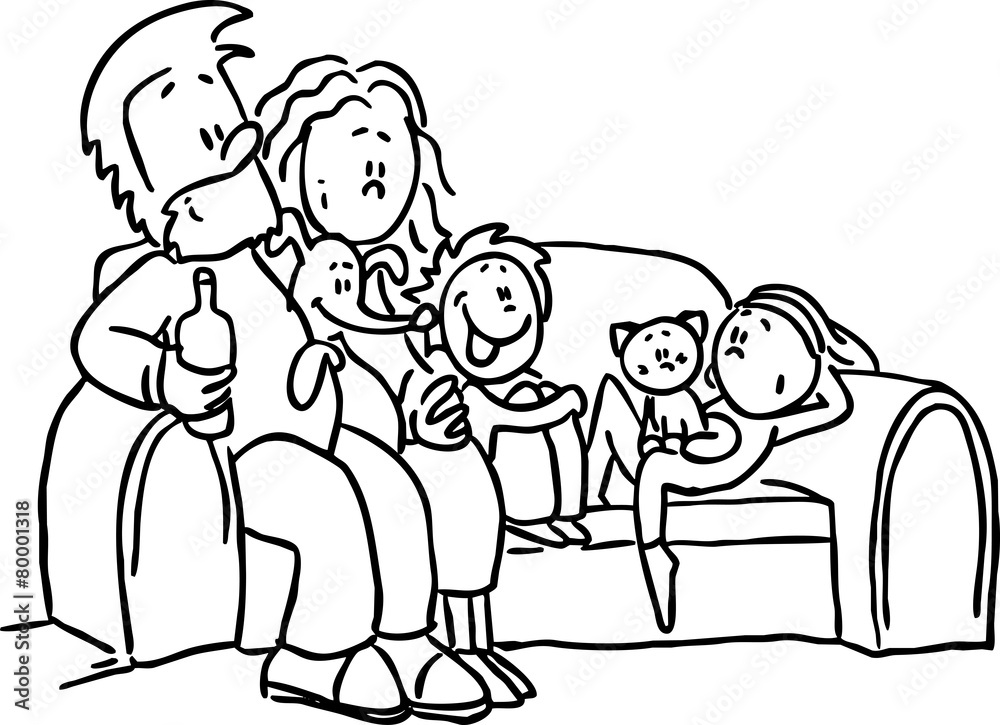 family sitting in the seat - black line vector illustration