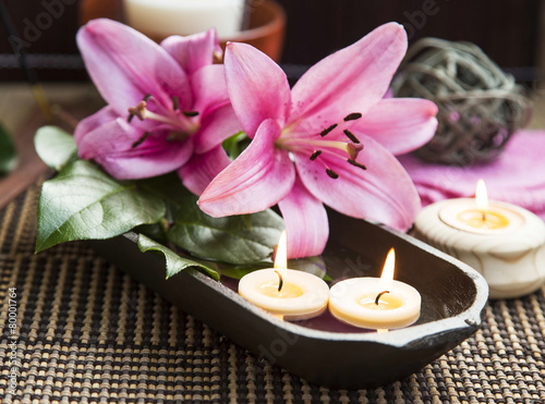 Spa Floating Burning Candles and Lilies
