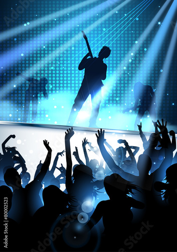 Rock concert party background with silhouettes of dancing people