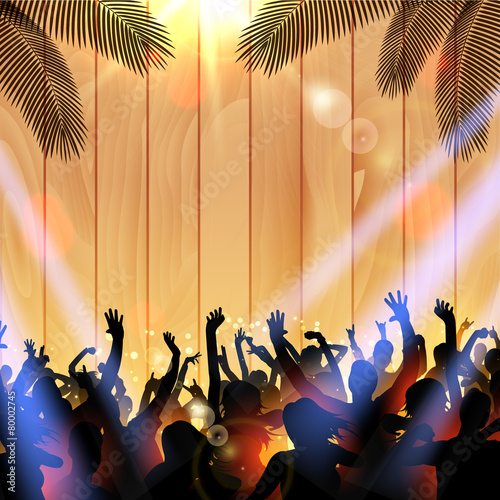 Summer Beach party with dance silhouettes on wooden background