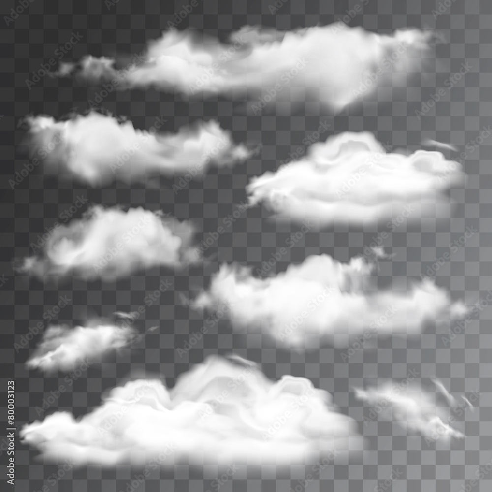 Naklejka Zestaw przejrzystych realistycznych chmur. Ilustracji wektorowych