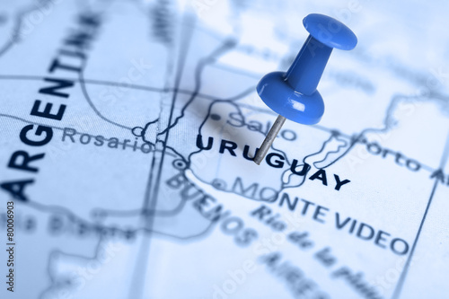 Location Uruguay. Blue pin on the map. photo