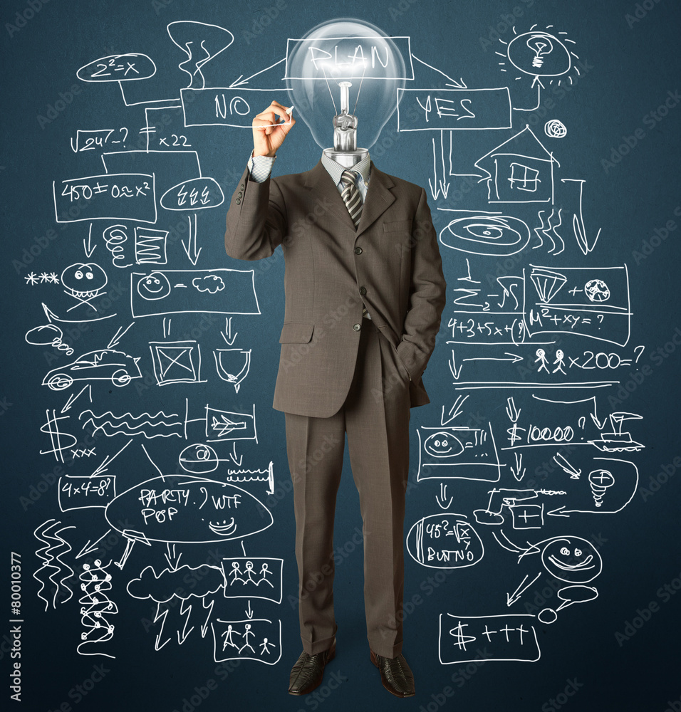 businessman with lamp-head and marker businessman with lamp-head and marker