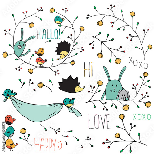 Set of flowers and animals for design
