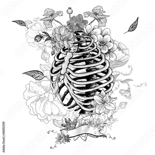 Skeleton Ribs and Flowers, Vector illustration