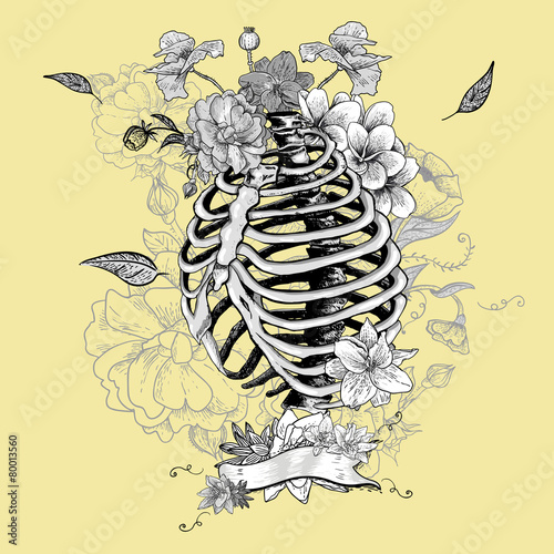 Skeleton Ribs and Flowers, Vector illustration