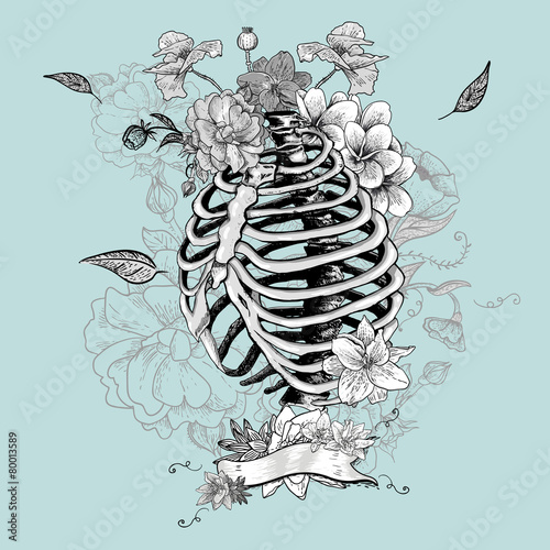 Skeleton Ribs and Flowers, Vector illustration