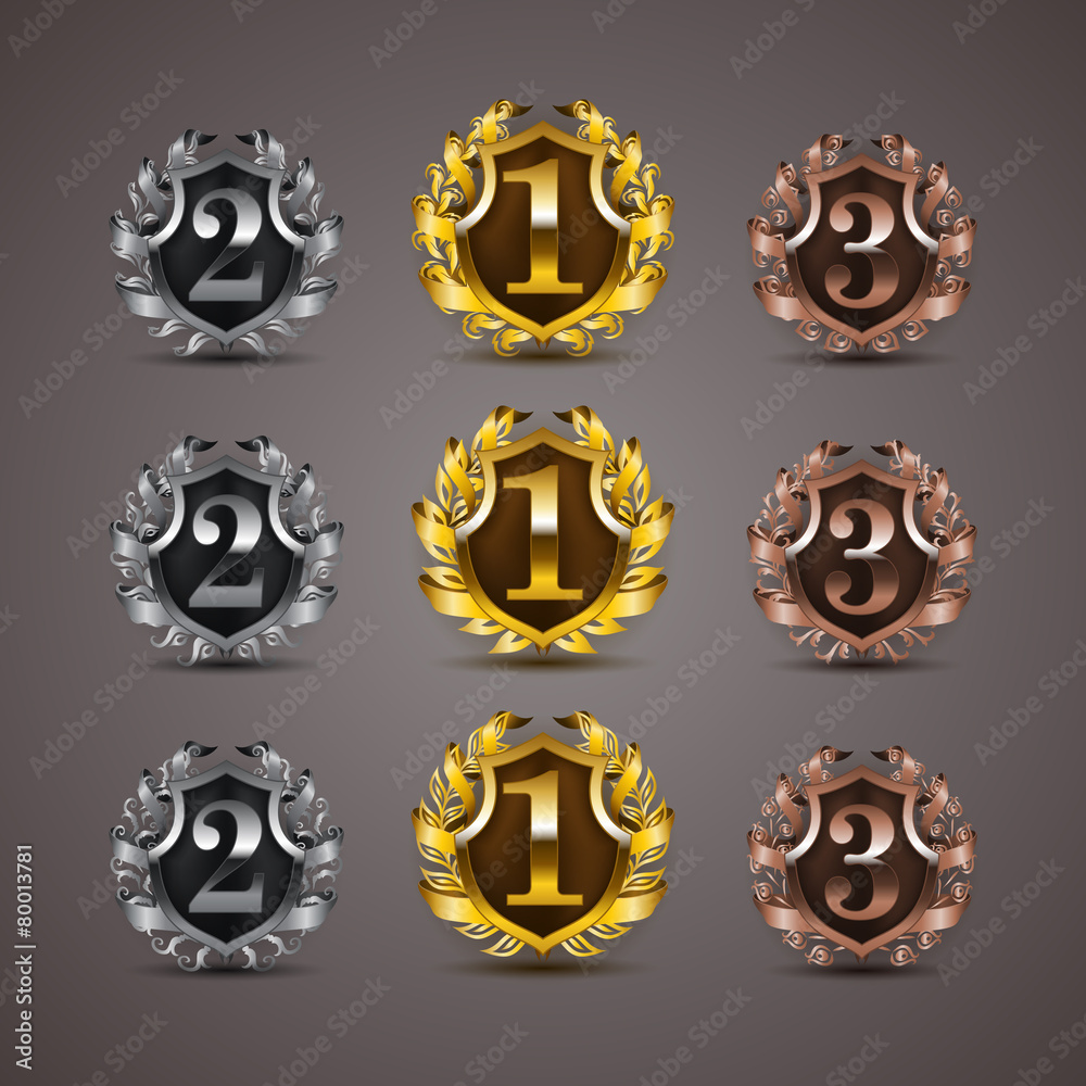 Set of luxury golden vector shields Set of luxury golden vector shields
