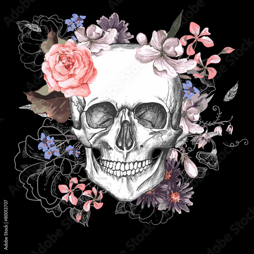 Obraz kolorowe kwiaty dookoła czaszki