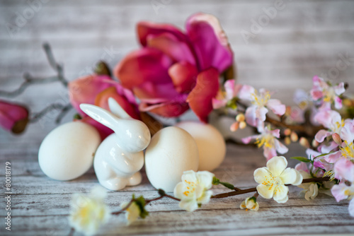 Rabbit Figurine with White Eggs and Flowers