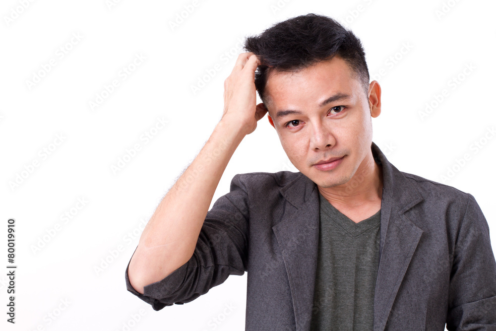 hesitate, doubtful man, white isolated background hesitate, doubtful man, white isolated background