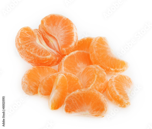 Peeled tangerine or mandarin fruit on white background
