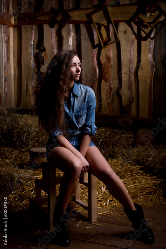 Beautiful girl in jeans shorts and shirt on wood ladder