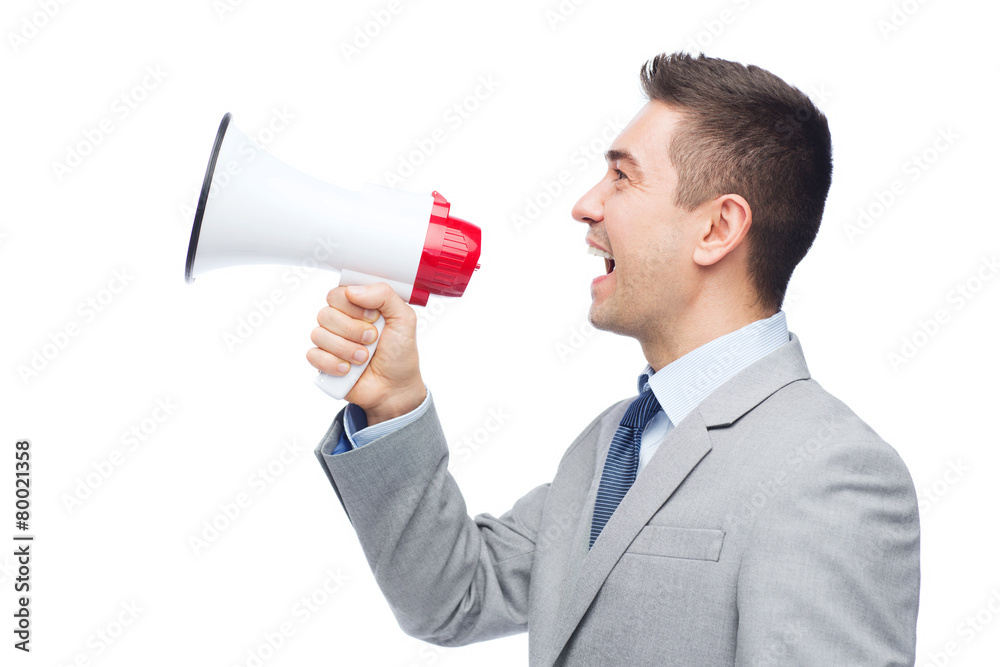 happy businessman in suit speaking to megaphone happy businessman in suit speaking to megaphone
