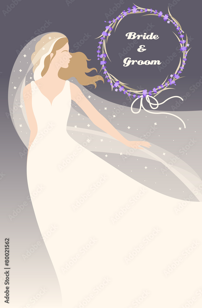 Illustration of bride and wreath made of lavender Illustration of bride and wreath made of lavender