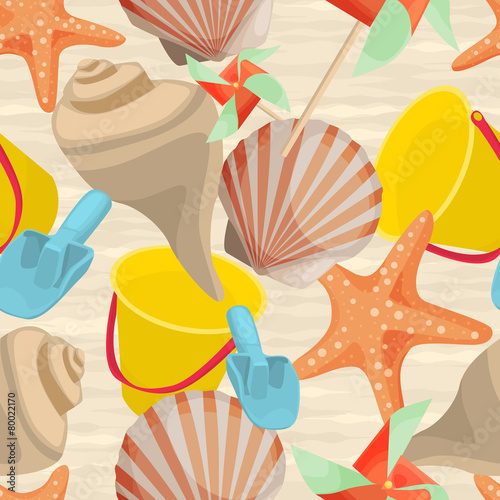 Seamless Summer background with seashells, starfish, baby bucket