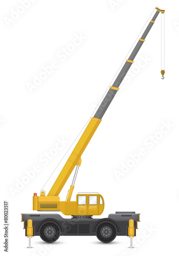 Mobile crane vector design. Industrial machine equipment or vehicle with hoist, hook, rope and hydraulic telescopic boom for service, erection and lifting heavy load in building construction site.