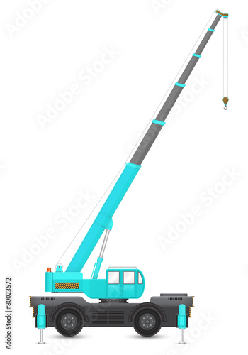 Mobile crane vector design. Industrial machine equipment or vehicle with hoist, hook, rope and hydraulic telescopic boom for service, erection and lifting heavy load in building construction site.