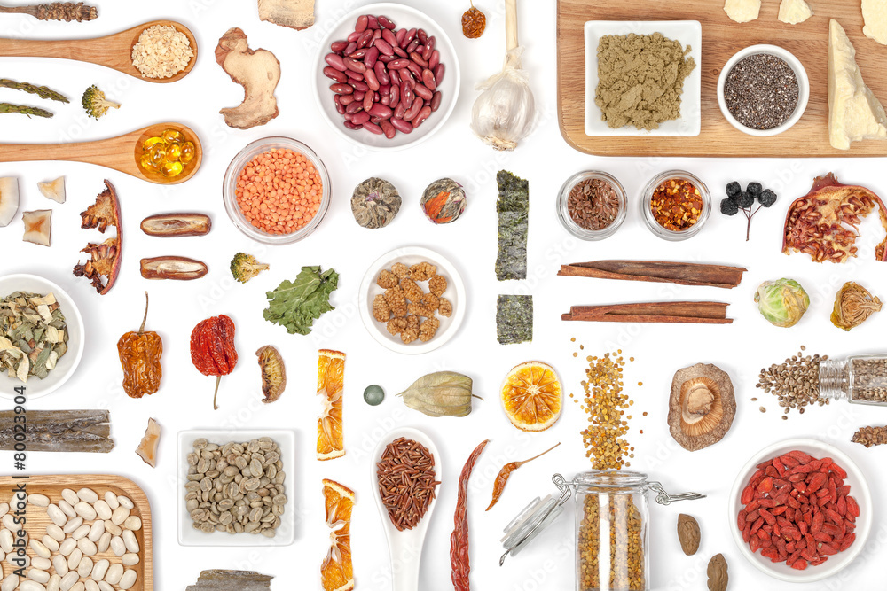 Naklejka premium various superfood on white background top view