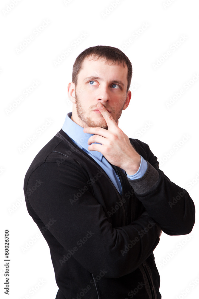 Attractive man thoughtfully rubbing his chin Attractive man thoughtfully rubbing his chin