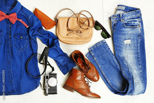 Still life of casual woman. Woman clothes and accessories