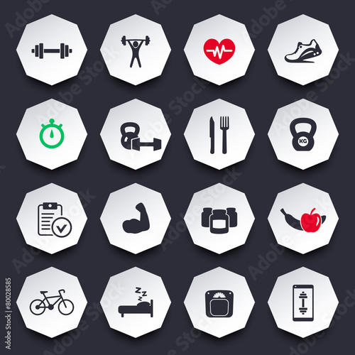 16 fitness, gym, healthy living octagonal icons vector, eps10