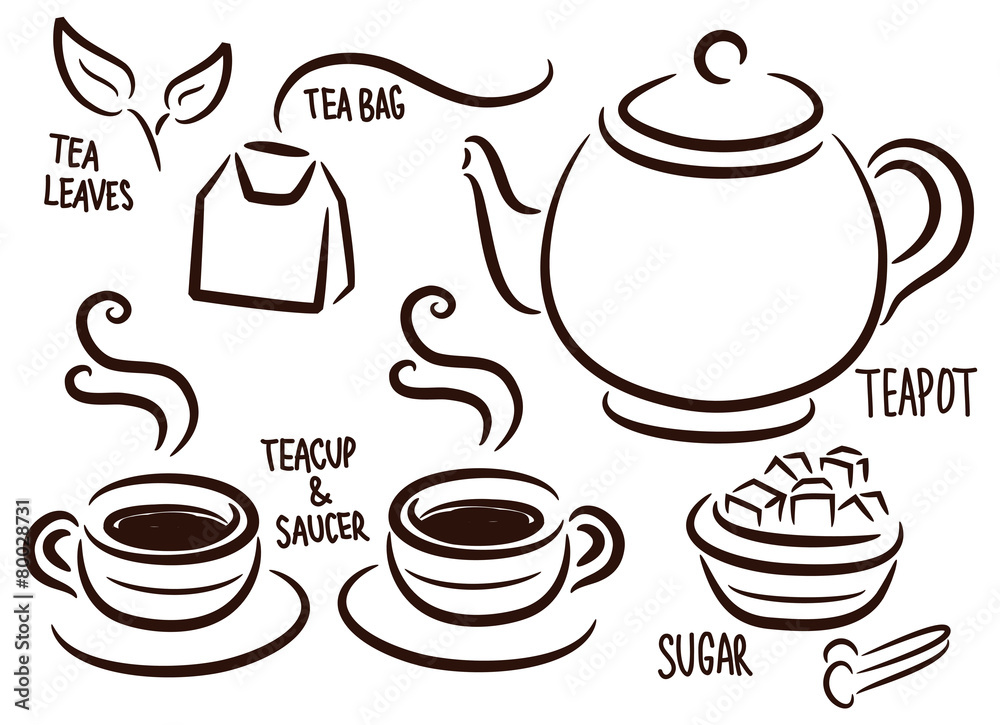 set of tea time icon in doodle style