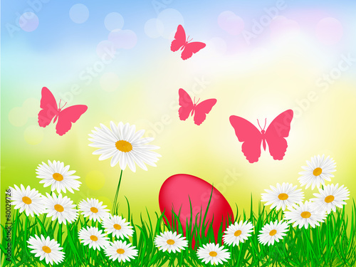 Summer sunny background with flowers and butterflies