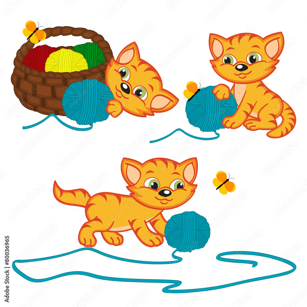 kitten playing with balls of yarn - vector illustration,eps