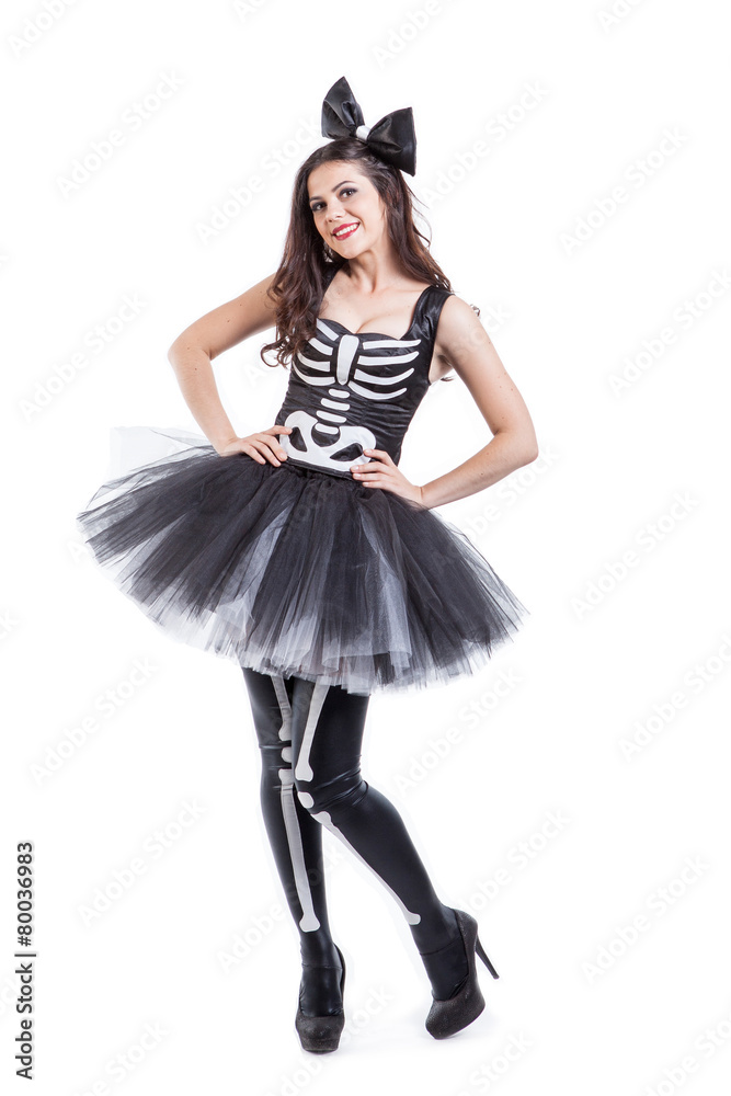 Woman dressed in carnival skeleton costume isolated on white Woman dressed in carnival skeleton costume isolated on white