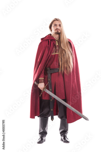 Medieval man knight with long hair and sword isolated on white
