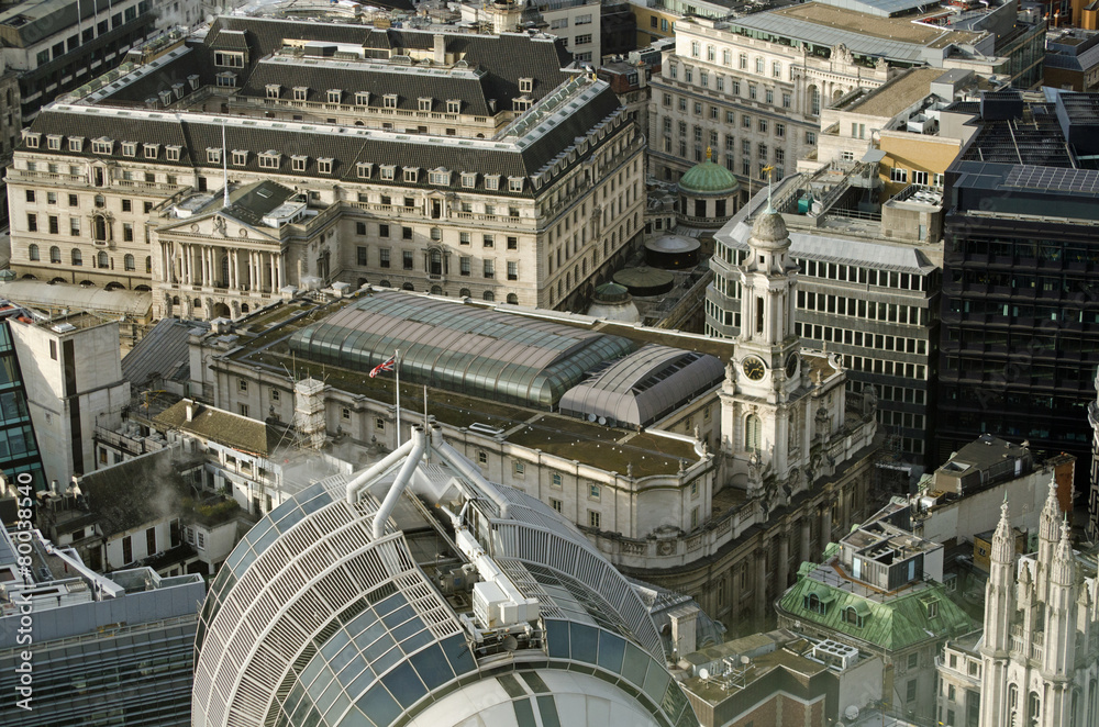 View from above of the historic Royal Exchange building in the centre of the City of London.  The building is now home to luxury shops and restaurants.