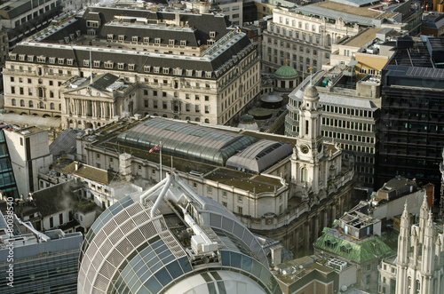 View from above of the historic Royal Exchange building in the centre of the City of London. The building is now home to luxury shops and restaurants.