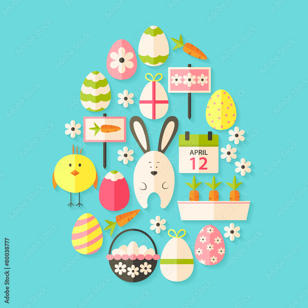 Fototapeta premium Easter Flat Icons Set Egg shaped with shadow over blue