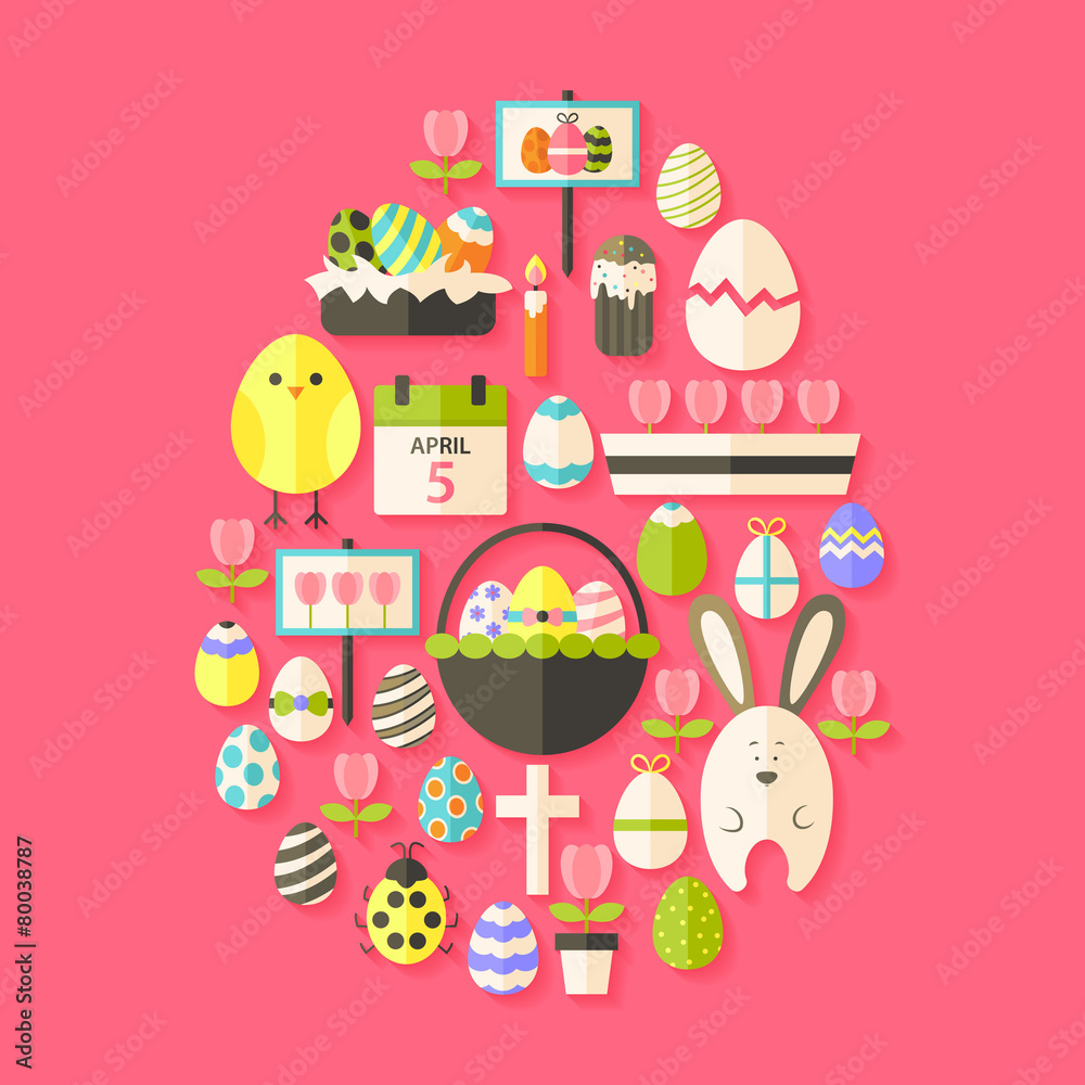 Easter Flat Icons Set Egg shaped with shadow over dark pink Easter Flat Icons Set Egg shaped with shadow over dark pink