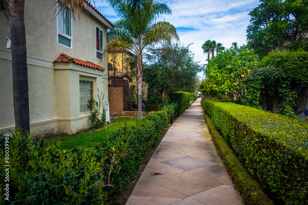 Obraz premium Gardens and house along walkway, on Lido Isle, in Newport Beach,