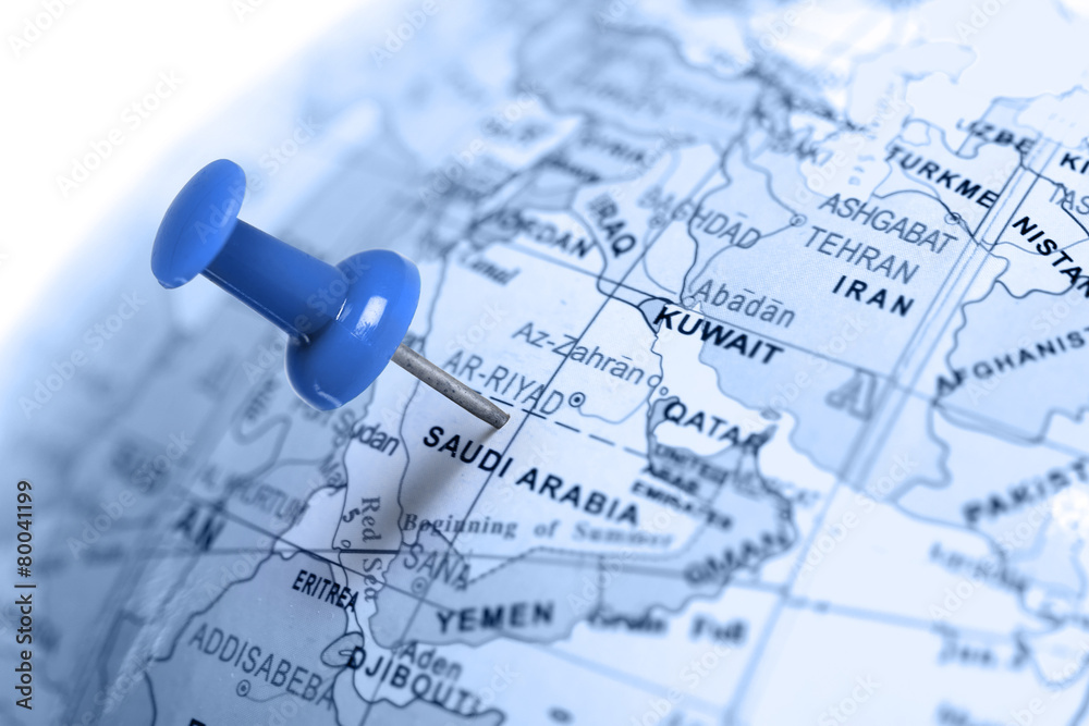 Naklejka premium Location Saudi Arabia. Blue pin on the map.