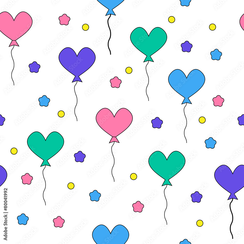 Seamless pattern with flying heart-shaped balloons