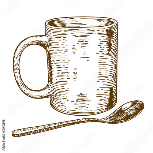 engraving antique illustration of  mug and spoon