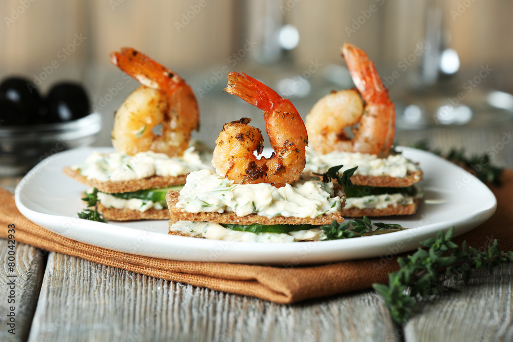 Appetizer canape with shrimp and cucumber Appetizer canape with shrimp and cucumber
