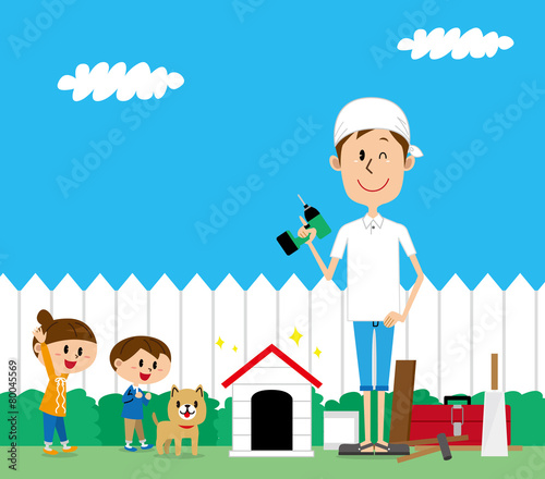 親子　DIY 犬小屋　背景あり