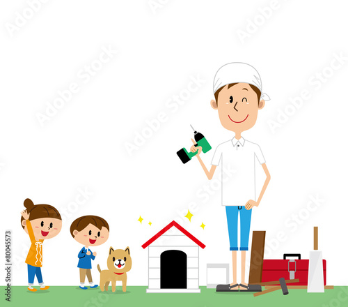 親子　DIY 犬小屋　白バック