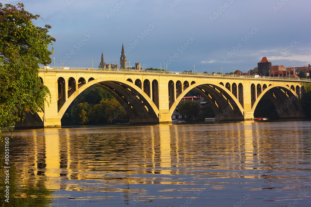 Key Bridge reflections in waters of Potomac River, Washington DC