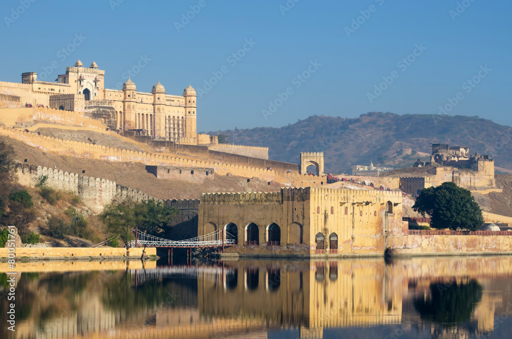 Amber fort reflection over the lake, Jaipur