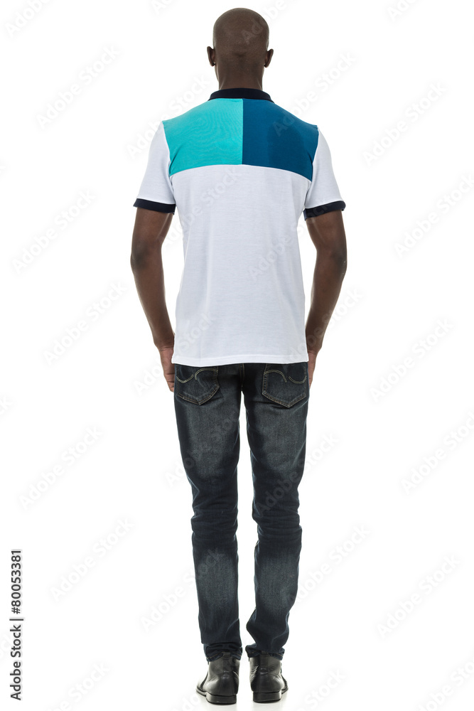 Fototapeta premium Black man in short sleeve collar shirt on white background