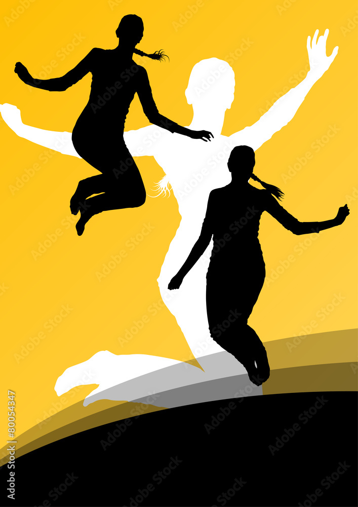 Young women active silhouettes jumping in the air abstract backg